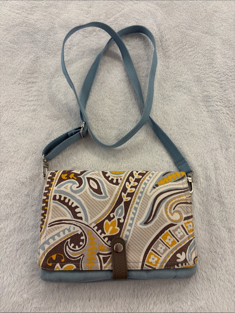 thirty-one Blue Paisley Crossbody with Mustard and Brown Accents